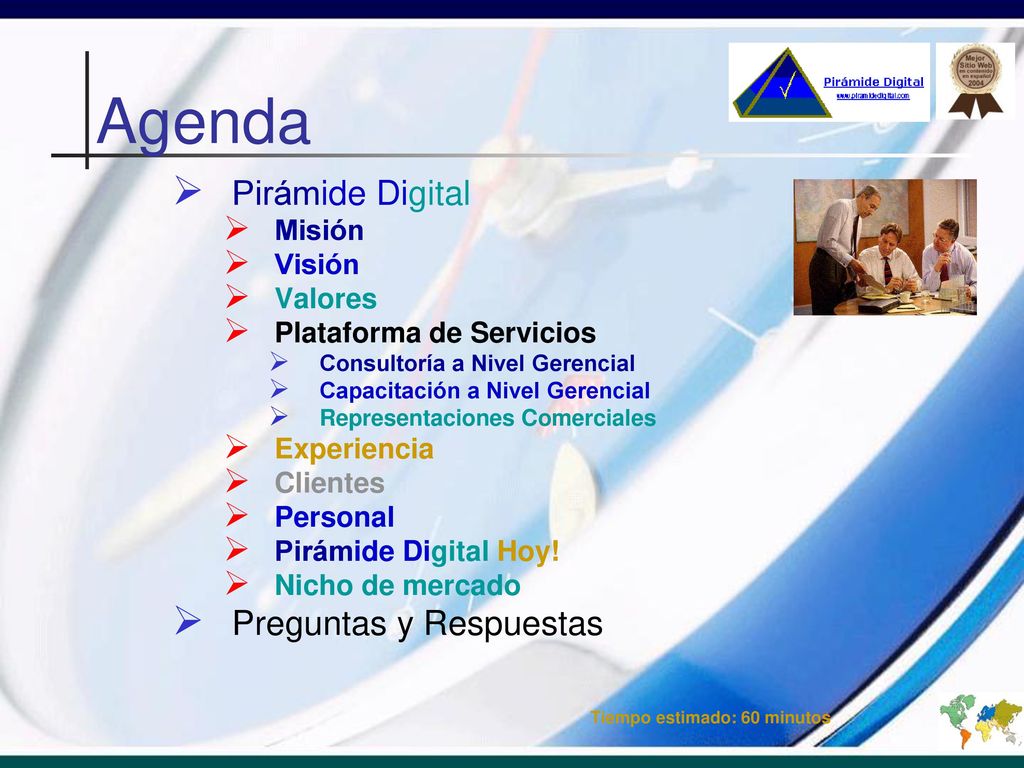 Agenda Pirámide Digital Preguntas y Respuestas Misión Visión Valores
