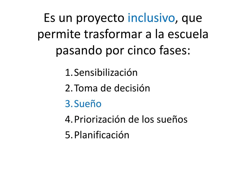 Es un proyecto inclusivo, que permite trasformar a la escuela pasando por cinco fases: