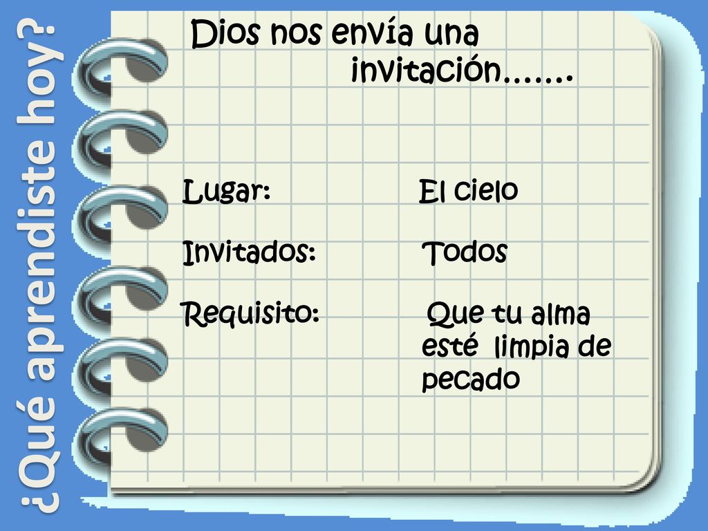 ¿Qué aprendiste hoy Dios nos envía una invitación……. Lugar: El cielo