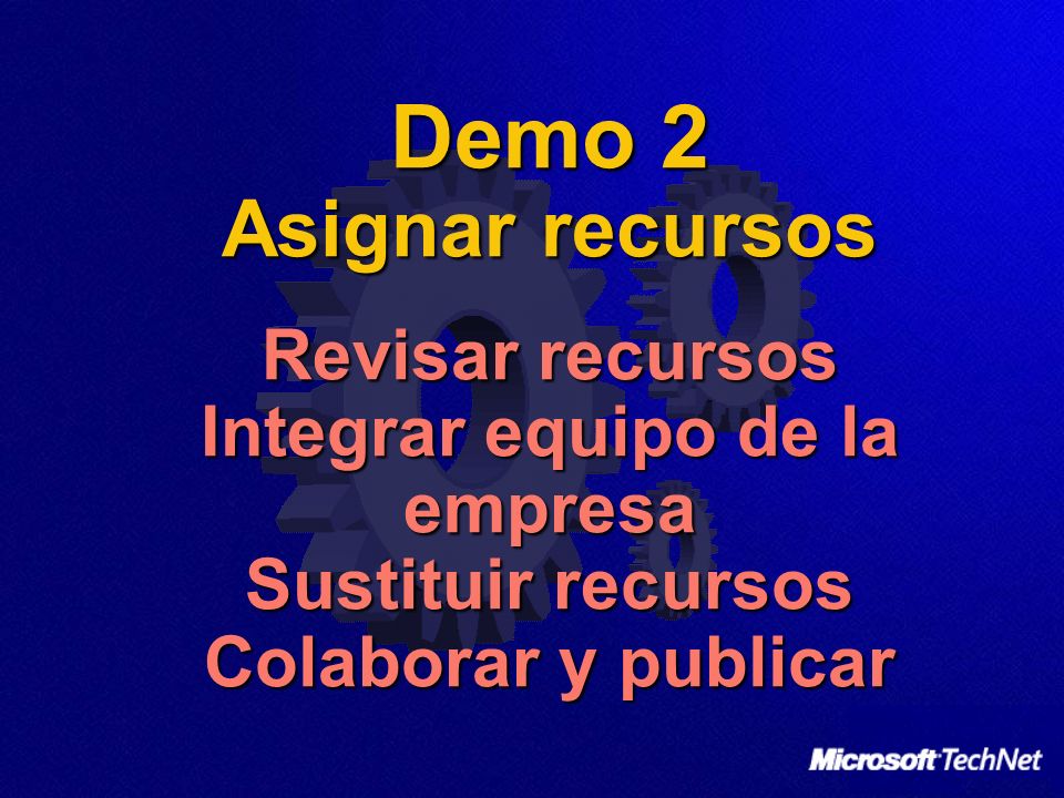 Demo 2 Asignar recursos Revisar recursos Integrar equipo de la empresa Sustituir recursos Colaborar y publicar