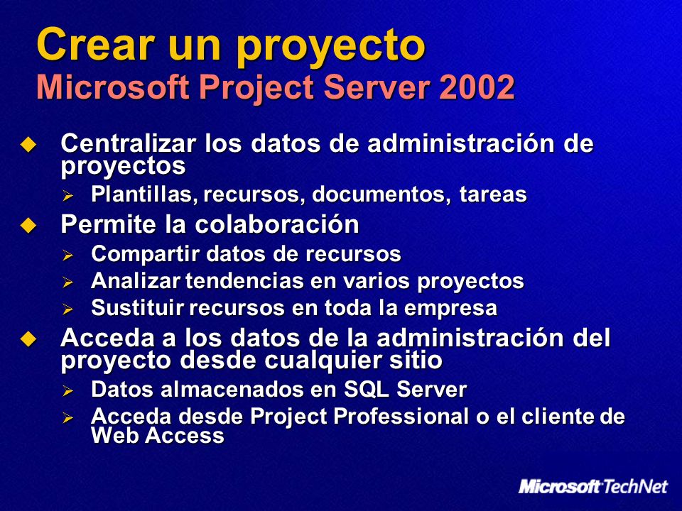 Crear un proyecto Microsoft Project Server 2002