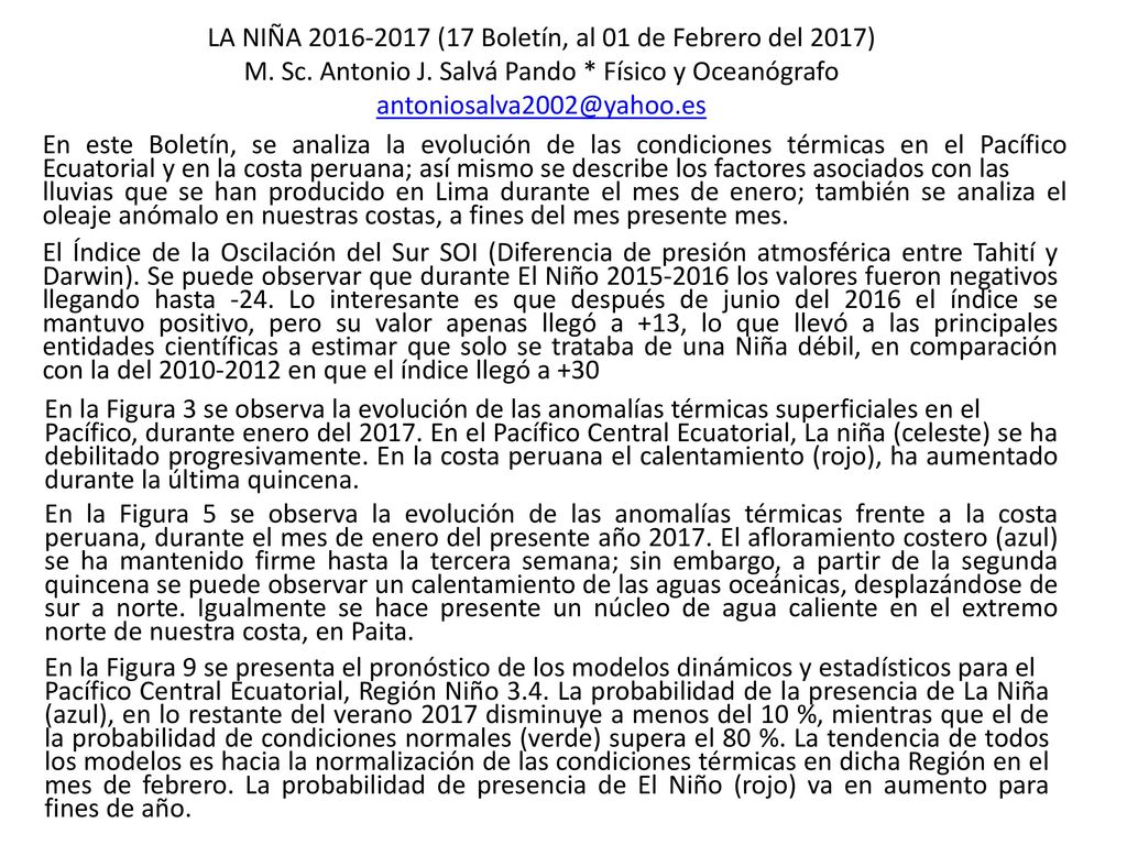 LA NIÑA (17 Boletín, al 01 de Febrero del 2017)