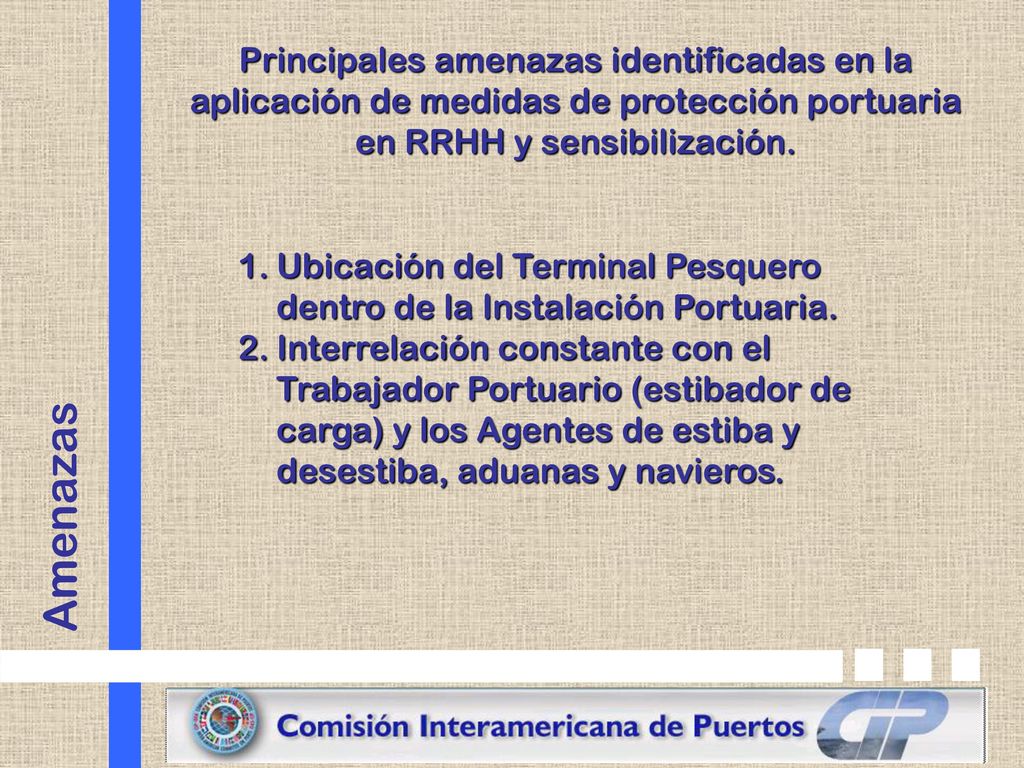 Principales amenazas identificadas en la aplicación de medidas de protección portuaria en RRHH y sensibilización.