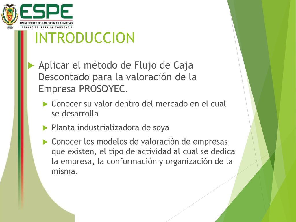 INTRODUCCION Aplicar el método de Flujo de Caja Descontado para la valoración de la Empresa PROSOYEC.