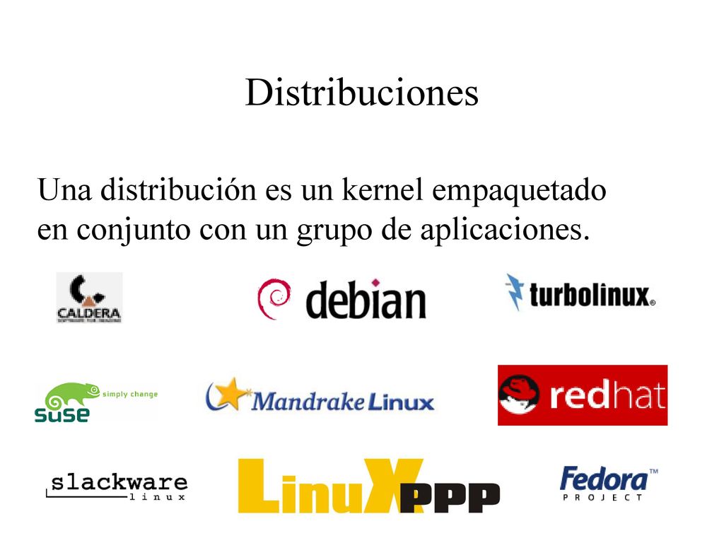 Distribuciones Una distribución es un kernel empaquetado en conjunto con un grupo de aplicaciones.