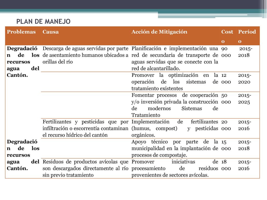 PLAN DE MANEJO Problemas Causa Acción de Mitigación Cost o Períod o