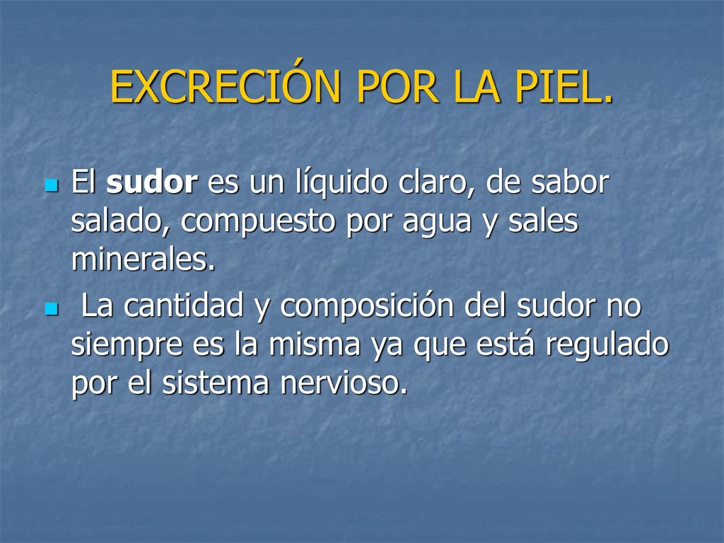 EXCRECIÓN POR LA PIEL. El sudor es un líquido claro, de sabor salado, compuesto por agua y sales minerales.