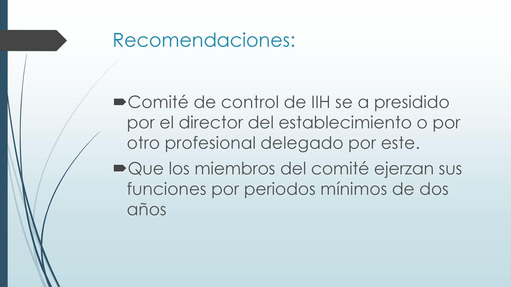 Recomendaciones: Comité de control de IIH se a presidido por el director del establecimiento o por otro profesional delegado por este.