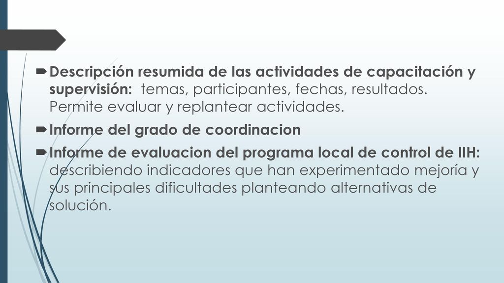 Descripción resumida de las actividades de capacitación y supervisión: temas, participantes, fechas, resultados. Permite evaluar y replantear actividades.