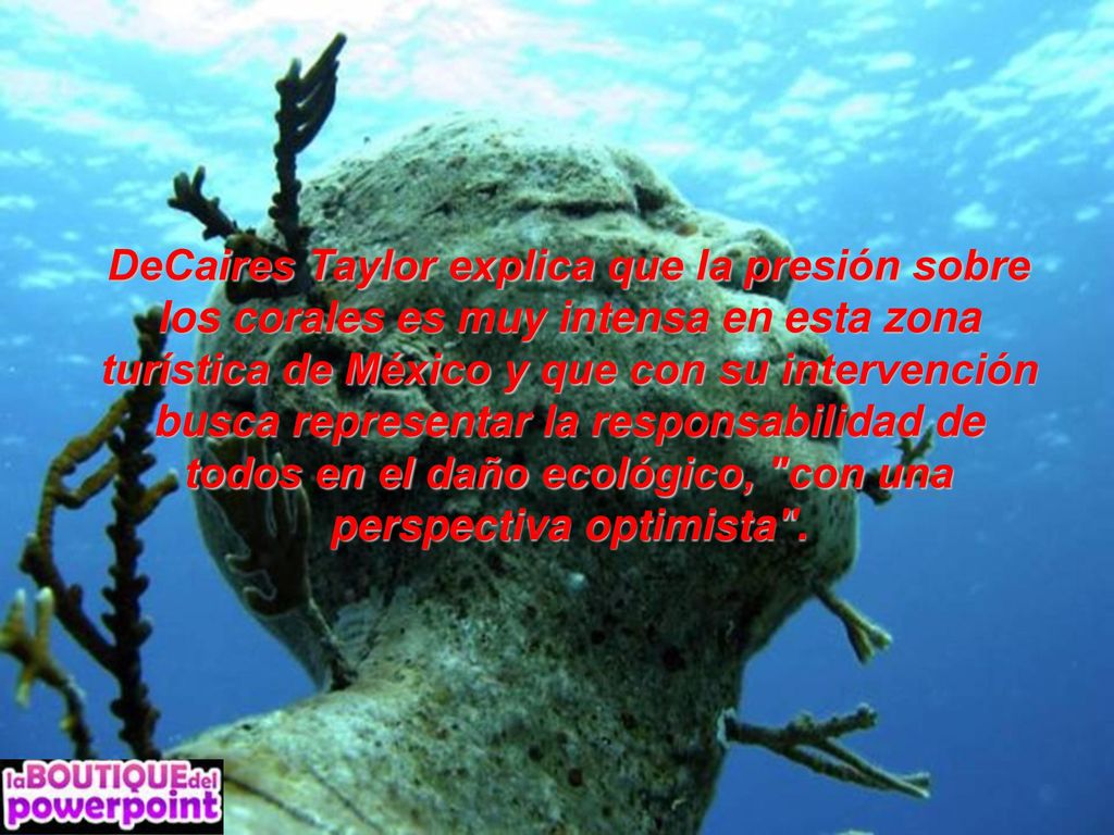 DeCaires Taylor explica que la presión sobre los corales es muy intensa en esta zona turística de México y que con su intervención busca representar la responsabilidad de todos en el daño ecológico, con una perspectiva optimista .