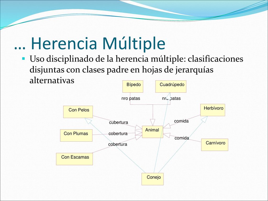 … Herencia Múltiple Uso disciplinado de la herencia múltiple: clasificaciones disjuntas con clases padre en hojas de jerarquías alternativas.