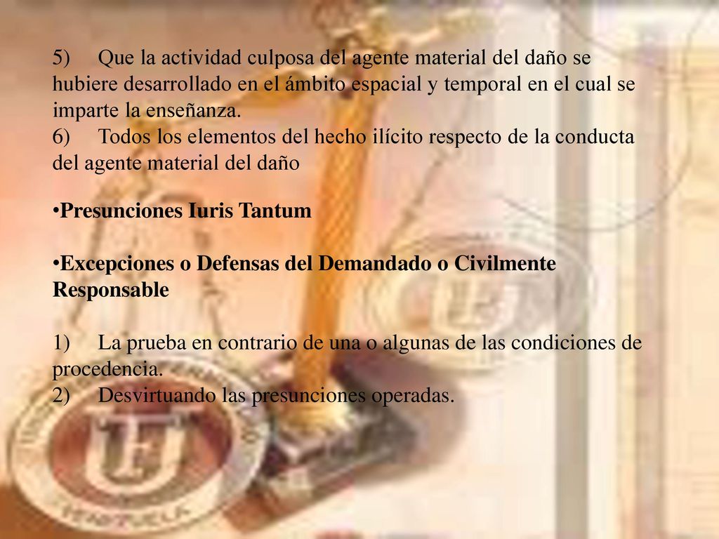 5) Que la actividad culposa del agente material del daño se hubiere desarrollado en el ámbito espacial y temporal en el cual se imparte la enseñanza. 6) Todos los elementos del hecho ilícito respecto de la conducta del agente material del daño