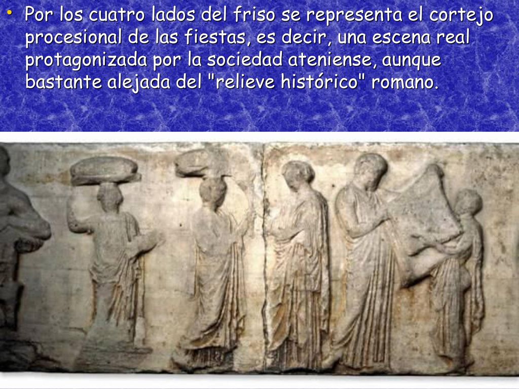 Por los cuatro lados del friso se representa el cortejo procesional de las fiestas, es decir, una escena real protagonizada por la sociedad ateniense, aunque bastante alejada del relieve histórico romano.