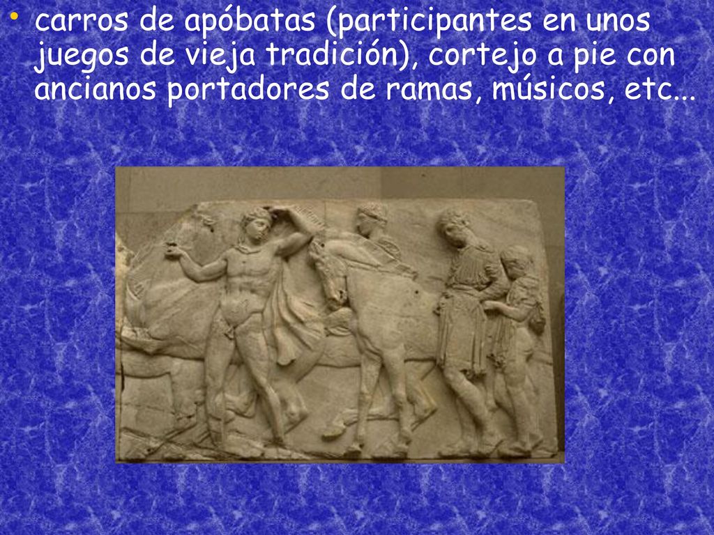 carros de apóbatas (participantes en unos juegos de vieja tradición), cortejo a pie con ancianos portadores de ramas, músicos, etc...