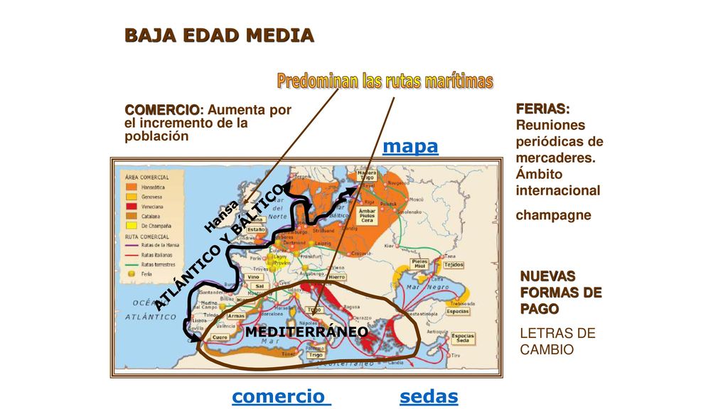 BAJA EDAD MEDIA mapa comercio sedas Predominan las rutas marítimas