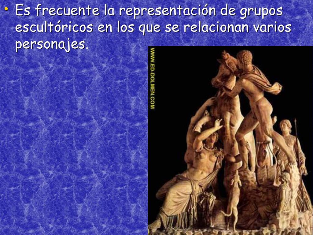Es frecuente la representación de grupos escultóricos en los que se relacionan varios personajes.