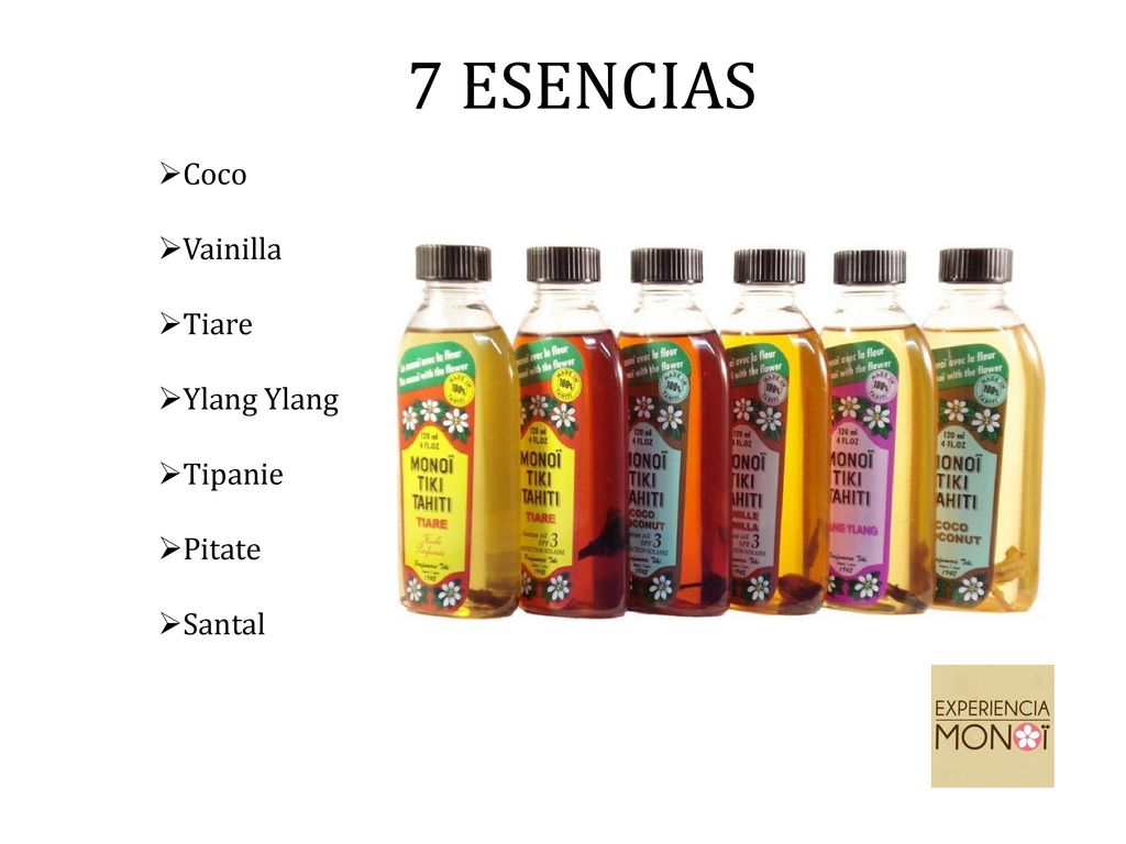 7 ESENCIAS Coco Vainilla Tiare Ylang Ylang Tipanie Pitate Santal