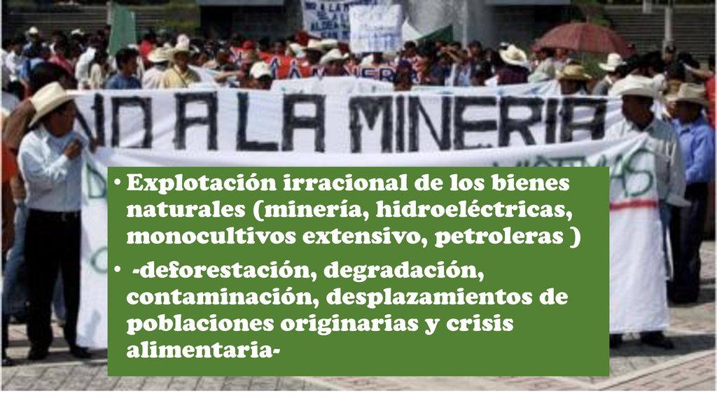 Explotación irracional de los bienes naturales (minería, hidroeléctricas, monocultivos extensivo, petroleras )