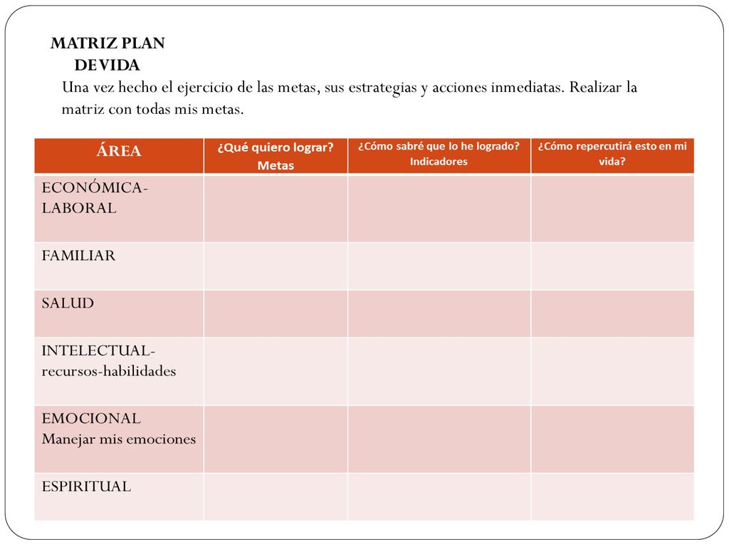 Una vez hecho el ejercicio de las metas, sus estrategias y acciones inmediatas.