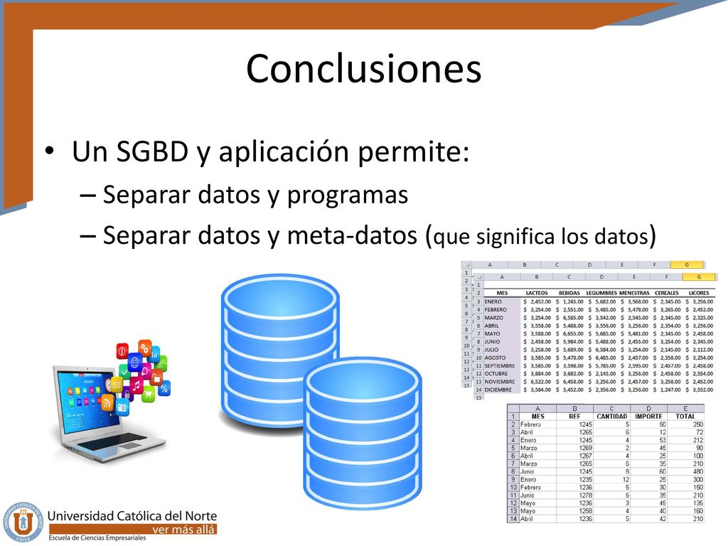 Conclusiones Un SGBD y aplicación permite: Separar datos y programas