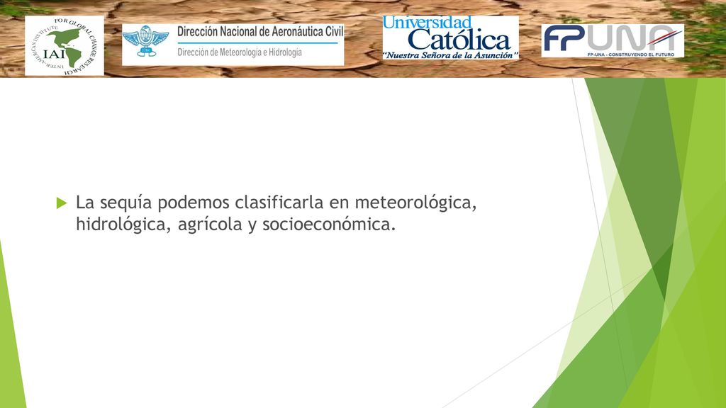 La sequía podemos clasificarla en meteorológica, hidrológica, agrícola y socioeconómica.