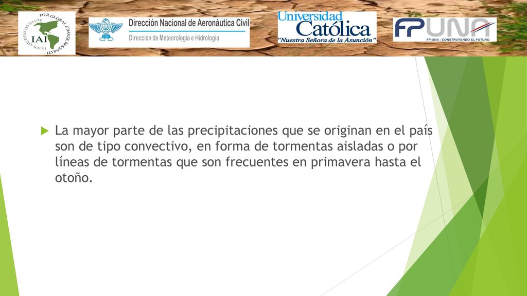 La mayor parte de las precipitaciones que se originan en el país son de tipo convectivo, en forma de tormentas aisladas o por líneas de tormentas que son frecuentes en primavera hasta el otoño.