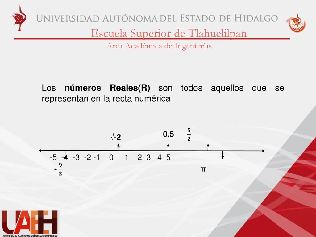 Los números Reales(R) son todos aquellos que se representan en la recta numérica. 0.5 𝟓 𝟐.