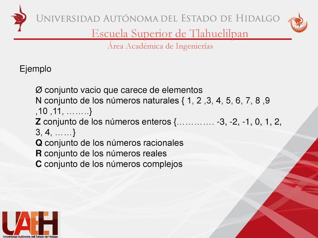 Ejemplo Ø conjunto vacio que carece de elementos. N conjunto de los números naturales { 1, 2 ,3, 4, 5, 6, 7, 8 ,9 ,10 ,11, ……..}