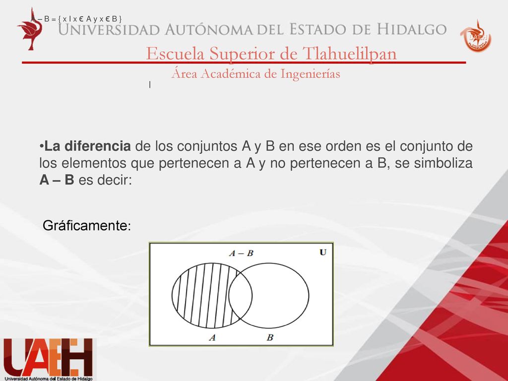 A – B = { x I x ϵ A y x ϵ B }