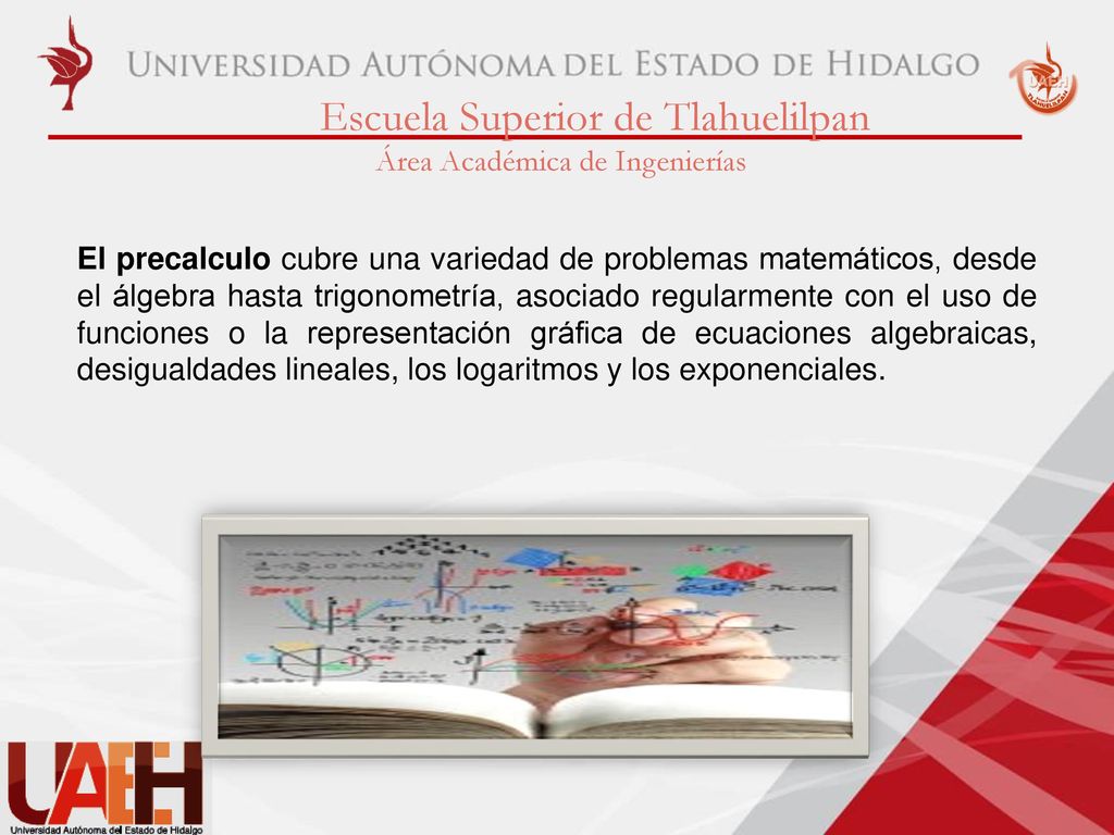 El precalculo cubre una variedad de problemas matemáticos, desde el álgebra hasta trigonometría, asociado regularmente con el uso de funciones o la representación gráfica de ecuaciones algebraicas, desigualdades lineales, los logaritmos y los exponenciales.