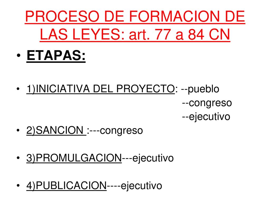 PROCESO DE FORMACION DE LAS LEYES: art. 77 a 84 CN