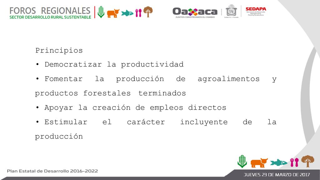 Principios • Democratizar la productividad. • Fomentar la producción de agroalimentos y productos forestales terminados.