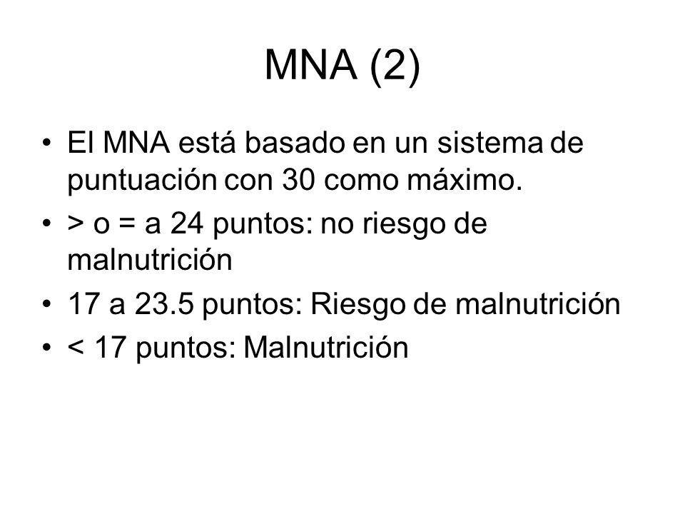 MNA (2) El MNA está basado en un sistema de puntuación con 30 como máximo. > o = a 24 puntos: no riesgo de malnutrición.