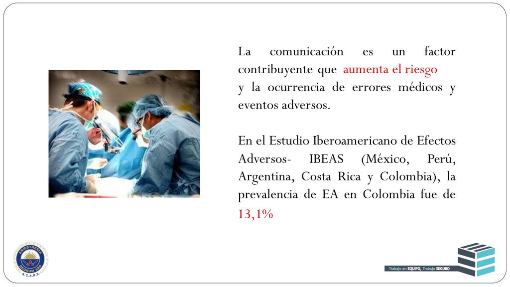 La comunicación es un factor contribuyente que aumenta el riesgo de y la ocurrencia de errores médicos y eventos adversos.