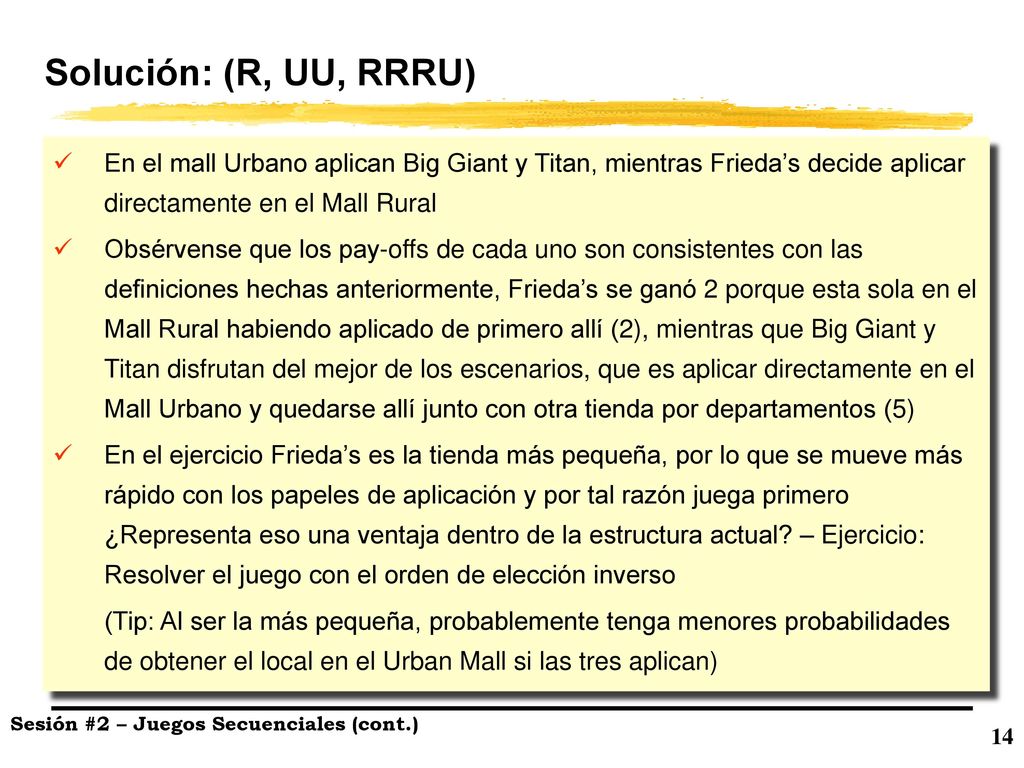 Solución: (R, UU, RRRU) En el mall Urbano aplican Big Giant y Titan, mientras Frieda’s decide aplicar directamente en el Mall Rural.