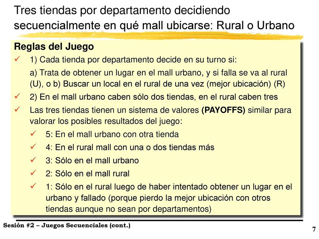 Tres tiendas por departamento decidiendo secuencialmente en qué mall ubicarse: Rural o Urbano