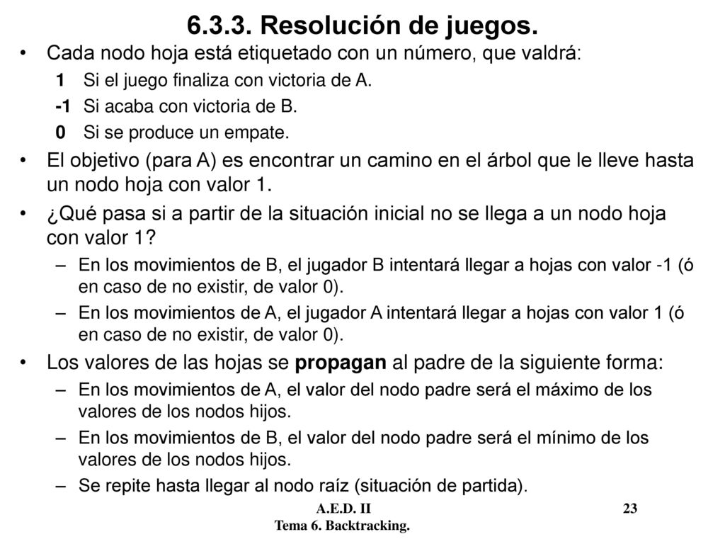 Resolución de juegos. Cada nodo hoja está etiquetado con un número, que valdrá: 1 Si el juego finaliza con victoria de A.