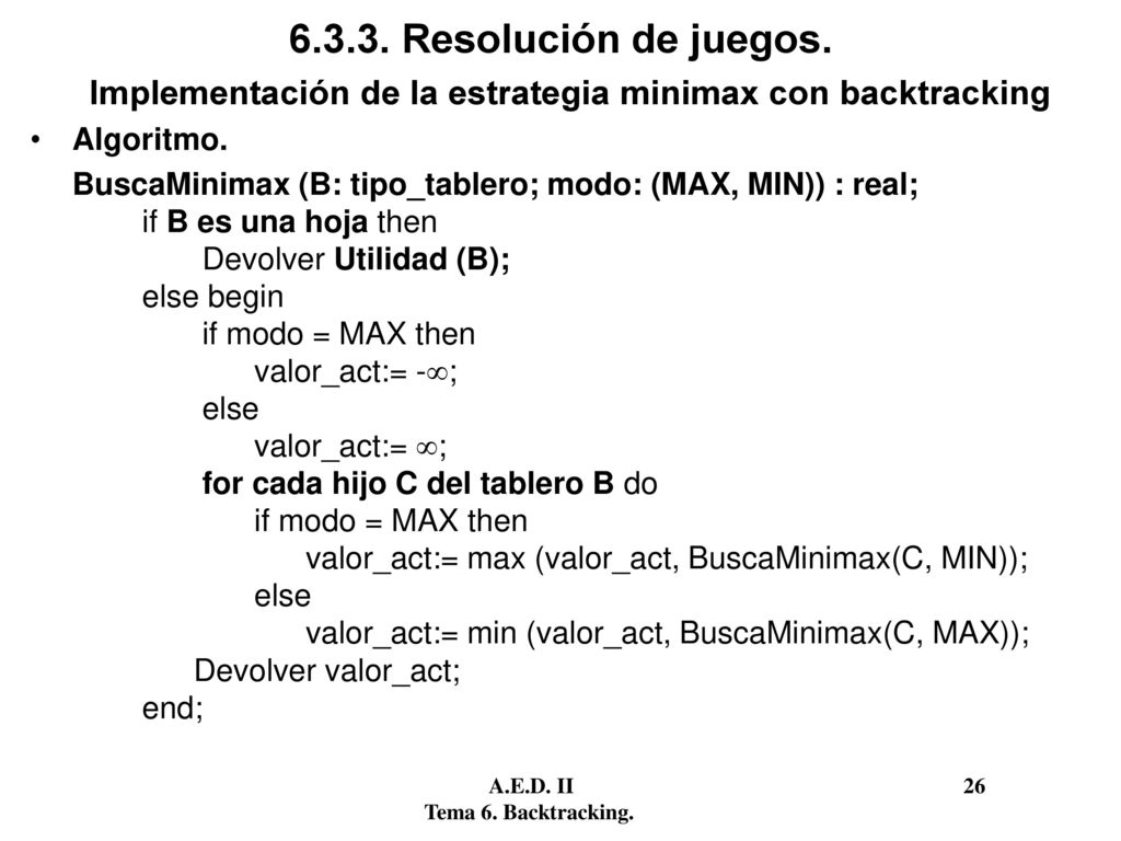 Resolución de juegos. Implementación de la estrategia minimax con backtracking. Algoritmo.
