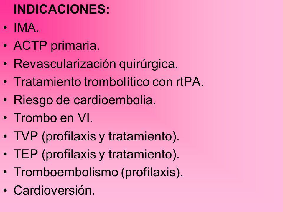 INDICACIONES: IMA. ACTP primaria. Revascularización quirúrgica. Tratamiento trombolítico con rtPA.