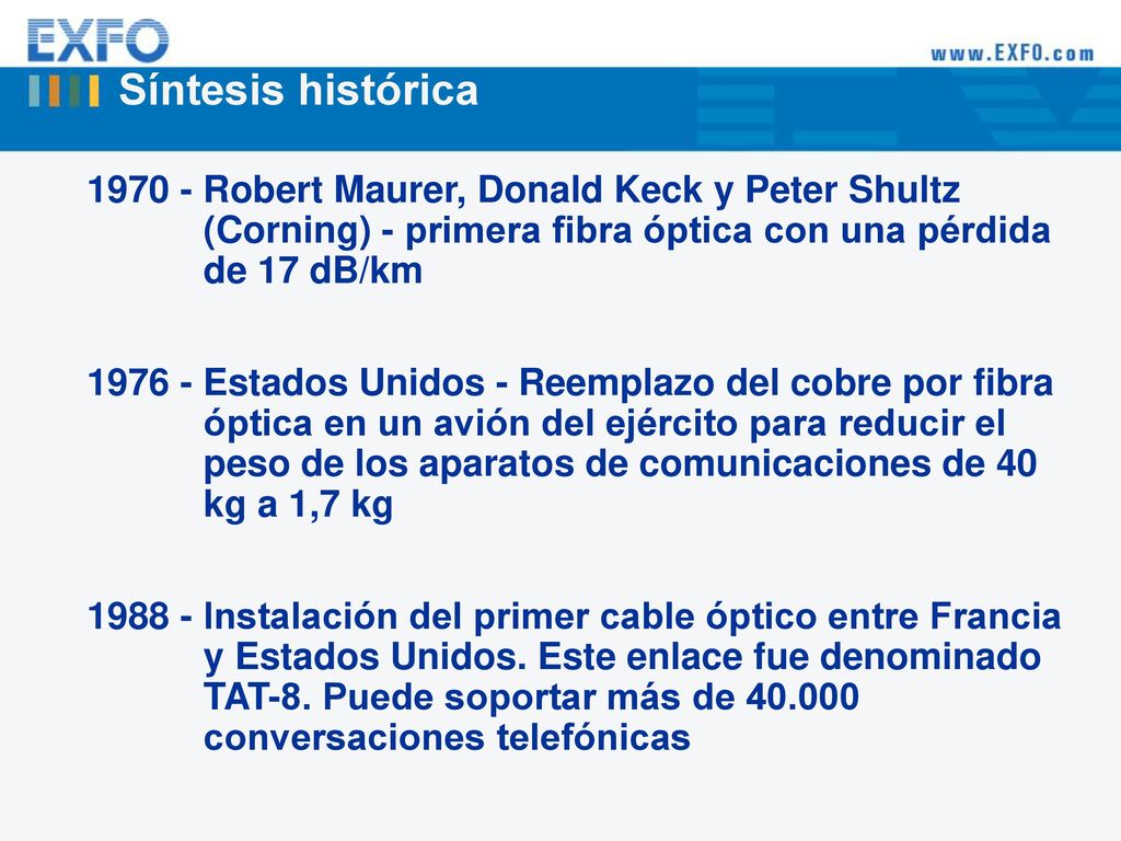 Síntesis histórica Robert Maurer, Donald Keck y Peter Shultz (Corning) - primera fibra óptica con una pérdida de 17 dB/km.
