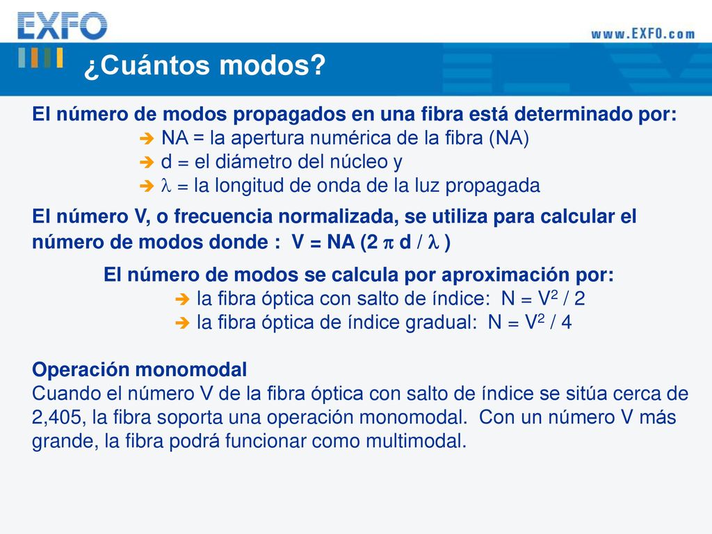 ¿Cuántos modos El número de modos propagados en una fibra está determinado por: NA = la apertura numérica de la fibra (NA)