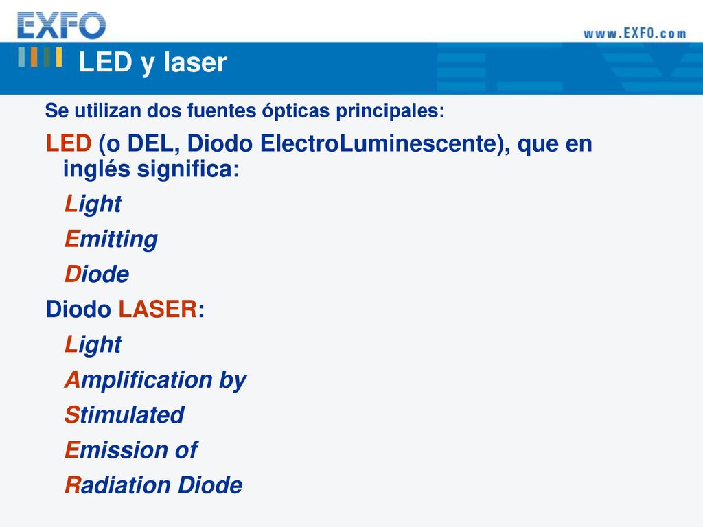 LED y laser Se utilizan dos fuentes ópticas principales: LED (o DEL, Diodo ElectroLuminescente), que en inglés significa:
