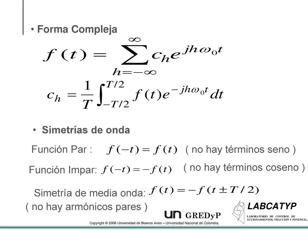 Forma Compleja Simetrías de onda. Función Par : ( no hay términos seno ) ( no hay términos coseno )