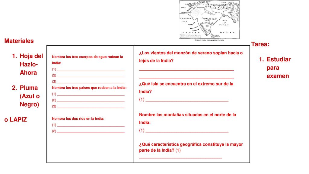 Materiales Tarea: Hoja del Hazlo- Ahora Estudiar para examen