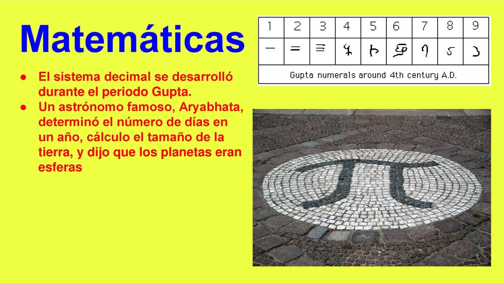 Matemáticas El sistema decimal se desarrolló durante el periodo Gupta.
