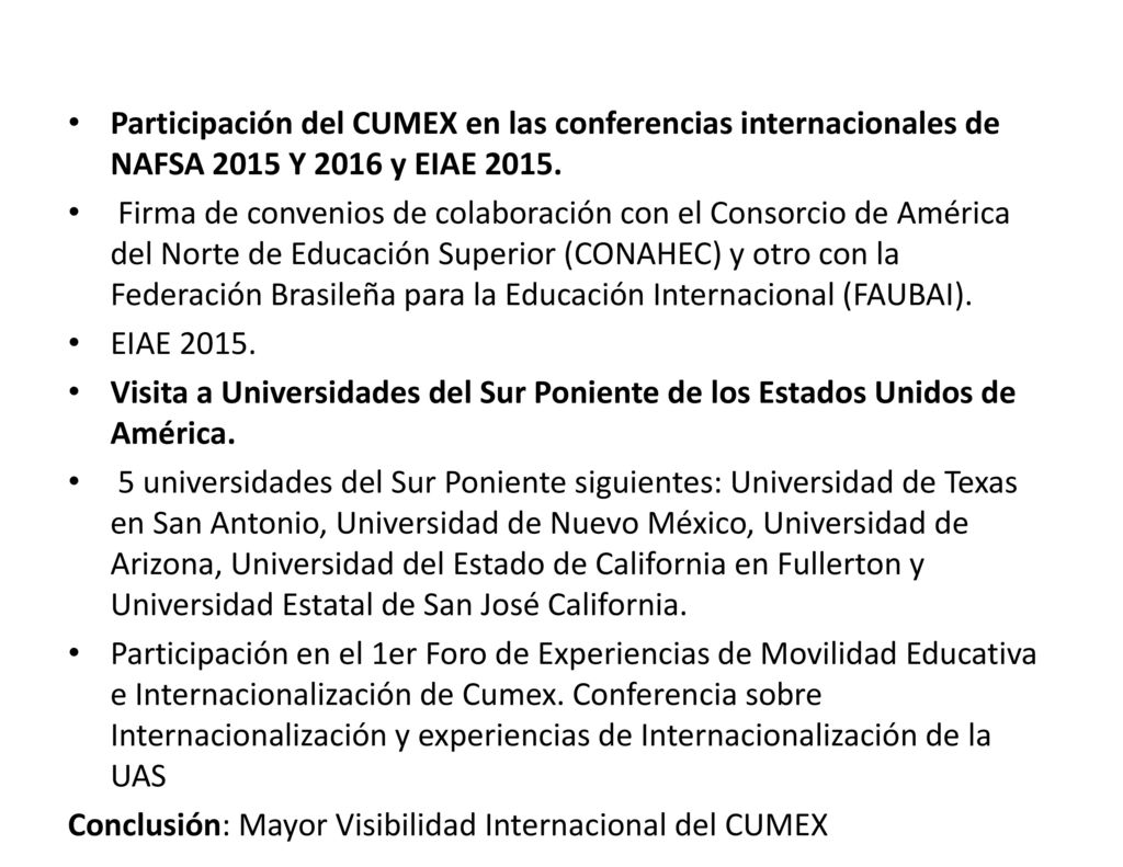 Participación del CUMEX en las conferencias internacionales de NAFSA 2015 Y 2016 y EIAE 2015.