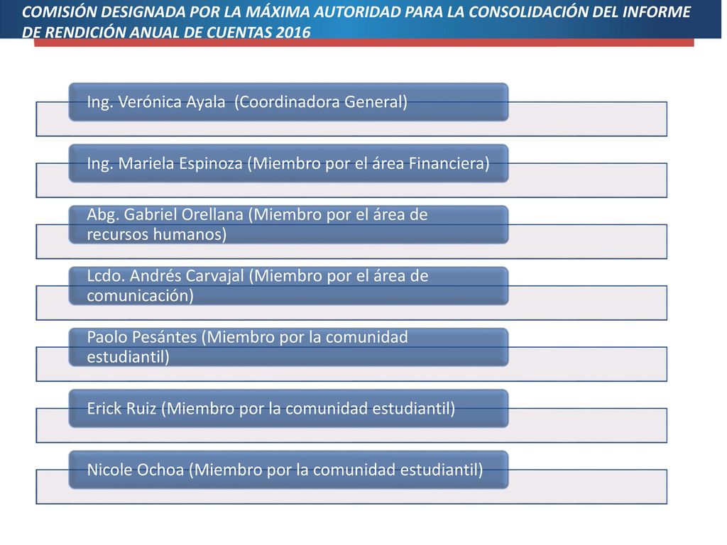 COMISIÓN DESIGNADA POR LA MÁXIMA AUTORIDAD PARA LA CONSOLIDACIÓN DEL INFORME DE RENDICIÓN ANUAL DE CUENTAS 2016