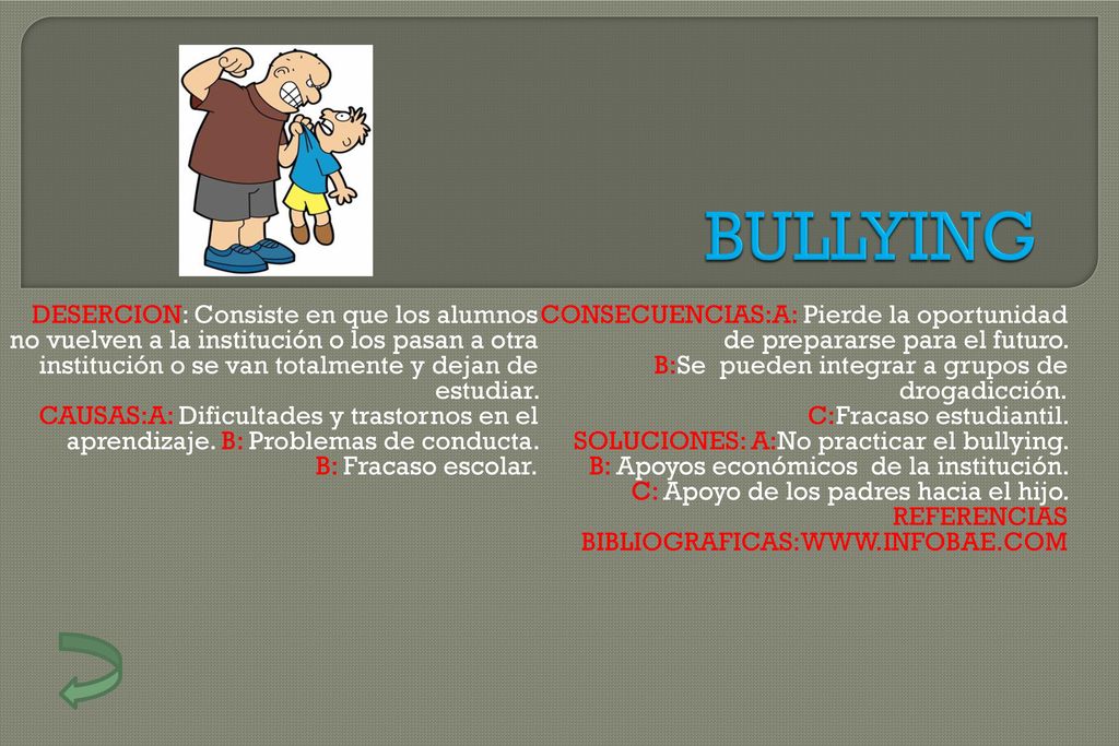 BULLYING DESERCION: Consiste en que los alumnos no vuelven a la institución o los pasan a otra institución o se van totalmente y dejan de estudiar.