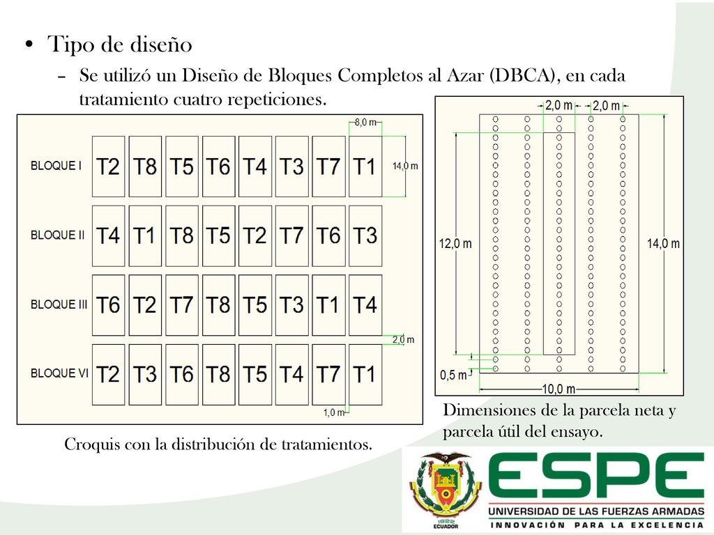 Tipo de diseño Se utilizó un Diseño de Bloques Completos al Azar (DBCA), en cada tratamiento cuatro repeticiones.