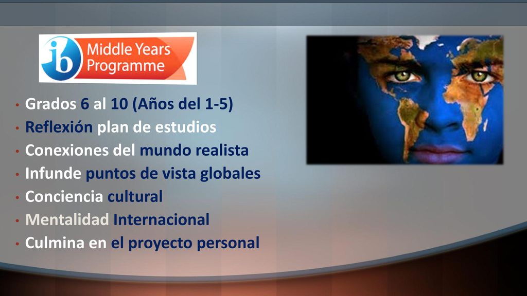 Grados 6 al 10 (Años del 1-5) Reflexión plan de estudios. Conexiones del mundo realista. Infunde puntos de vista globales.